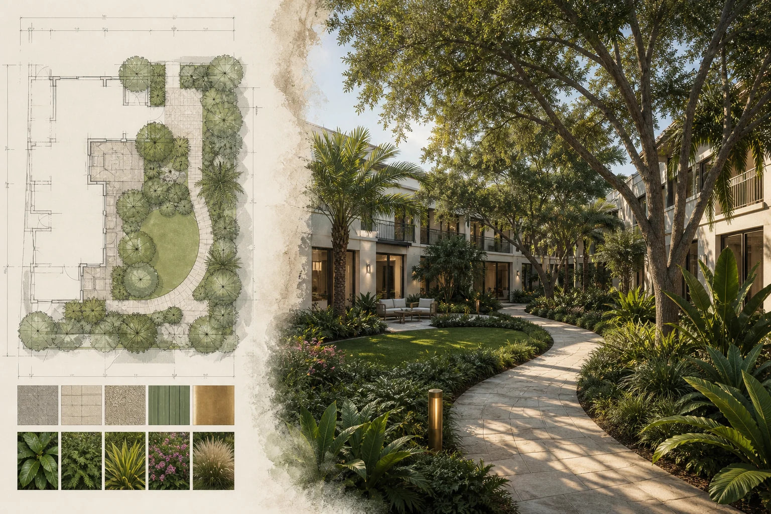 Illustrative concept board showing a planting plan alongside a landscaped commercial courtyard