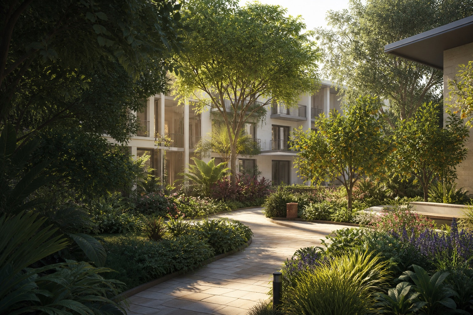 Concept visualization of a commercial landscape with layered tropical plants and fruit trees